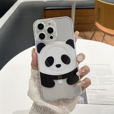Korėjietiškas mielas Panda magnetinis stovas su rankena Tok Cartoon Panda Magsafe telefono dėklas, skirtas iPhone 15 13 12 11 Promax 14 Plus galinis dangtelis