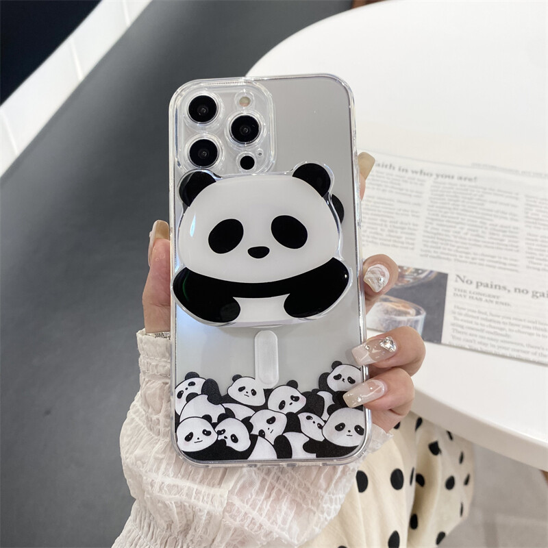 Корейска сладка панда с магнитна стойка Grip Tok Cartoon Panda Magsafe калъф за телефон за iPhone 15 13 12 11 Promax 14 Plus заден капак