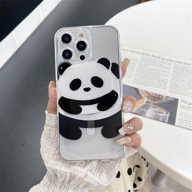 Корейска сладка панда с магнитна стойка Grip Tok Cartoon Panda Magsafe калъф за телефон за iPhone 15 13 12 11 Promax 14 Plus заден капак