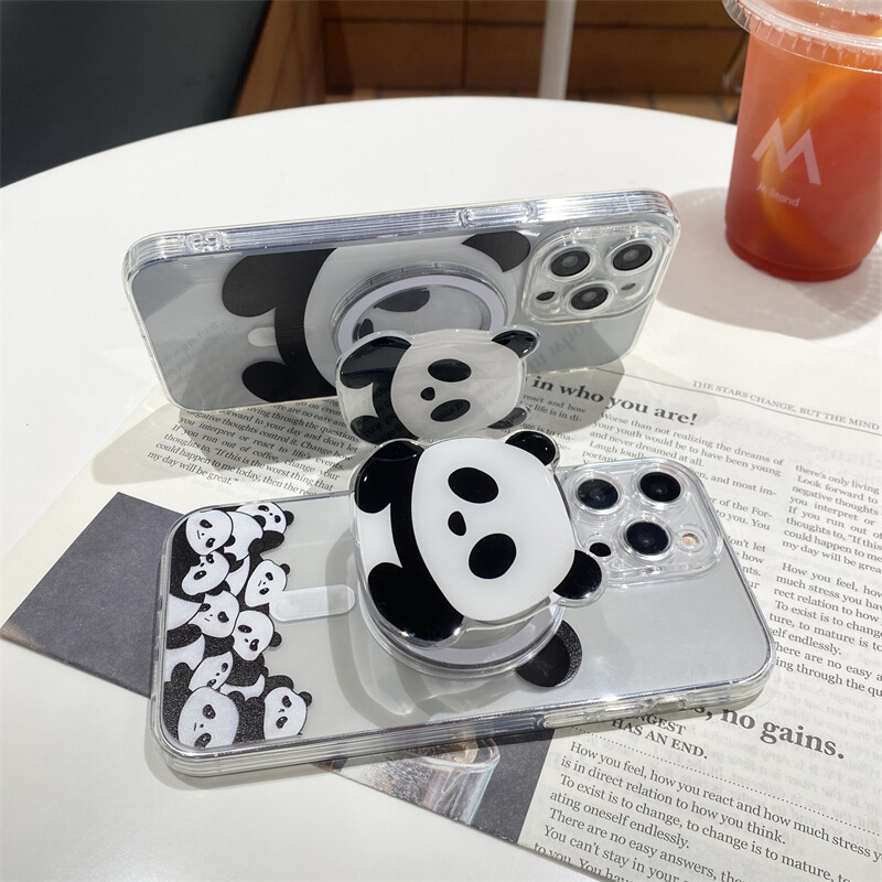 Корейска сладка панда с магнитна стойка Grip Tok Cartoon Panda Magsafe калъф за телефон за iPhone 15 13 12 11 Promax 14 Plus заден капак