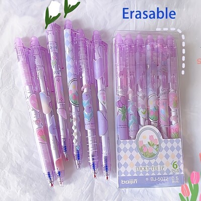 6kom Purple Tulipan Izbrisive gel olovke Kawaii gel olovke s gumicama Korejski papirni materijal Poklon za djevojčice Školski uredski pribor