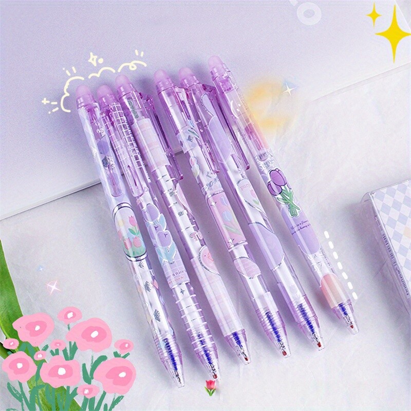 6kom Purple Tulipan Izbrisive gel olovke Kawaii gel olovke s gumicama Korejski papirni materijal Poklon za djevojčice Školski uredski pribor