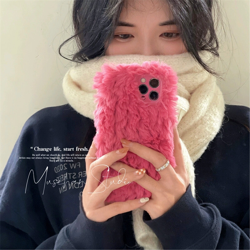 Korejska ružičasta plišana maska za iPhone 14 13 12 11 Pro Max X XS Max XR 7 8 Plus Winter Girl Fluffy Topla mekana maska otporna na udarce