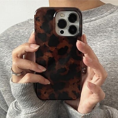 Laserska telefonska torbica s retro jantarnom teksturom za iPhone 16 15 14 13 12 Pro Max, elegantna leopard print otporna na udarce stražnja strana, mekana maska, poklon