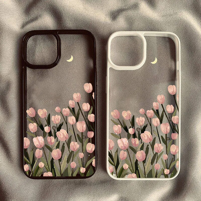 Koreai rózsaszín tulipán virág Love Heart telefontok iPhone 12 11 13 14 15 Pro Max XS 7 8 Plus ütésálló hátlap Coque telefonhoz