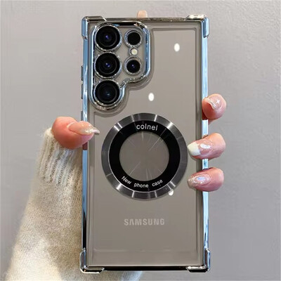 За калъфи за телефони Magsafe Plating за Samsung Galaxy S24 S23 S22 Ultra S21 Plus S20 FE 5G Note 20 Удароустойчив прозрачен магнитен капак