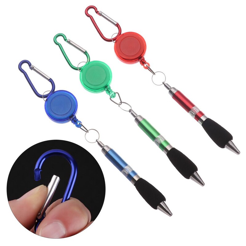 1 бр. Мини химикалка с катарама с карабинер Ключодържател Anti-Lost Pull-String Pen Химикалка с метална химикалка Училищни офис консумативи