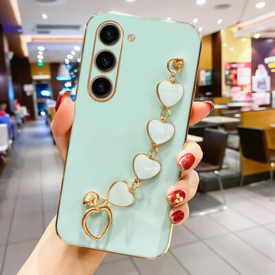 Luksuzna torbica s ljubavnim srcem i narukvicom za Samsung Galaxy S24 S23 S22 S21 S20 FE Plus Note20 A15 četvrtasta maska s lančićem za zapešće
