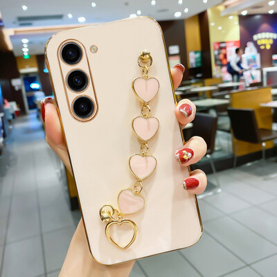 Luksuzna torbica s ljubavnim srcem i narukvicom za Samsung Galaxy S24 S23 S22 S21 S20 FE Plus Note20 A15 četvrtasta maska s lančićem za zapešće