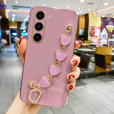 Luksuzna torbica s ljubavnim srcem i narukvicom za Samsung Galaxy S24 S23 S22 S21 S20 FE Plus Note20 A15 četvrtasta maska s lančićem za zapešće