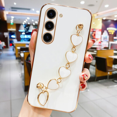 Luksuzna torbica s ljubavnim srcem i narukvicom za Samsung Galaxy S24 S23 S22 S21 S20 FE Plus Note20 A15 četvrtasta maska s lančićem za zapešće