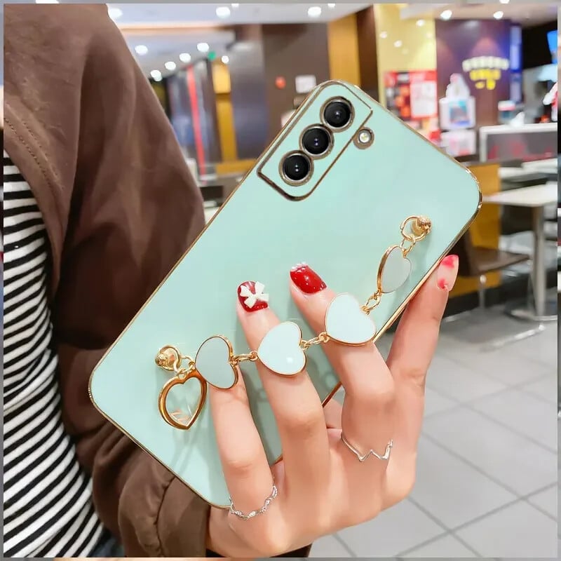 Luksuzna torbica s ljubavnim srcem i narukvicom za Samsung Galaxy S24 S23 S22 S21 S20 FE Plus Note20 A15 četvrtasta maska s lančićem za zapešće