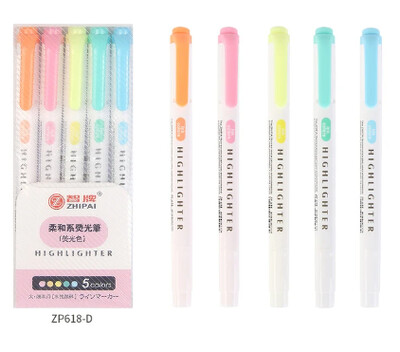 5 spalvų / dėžutė Dvi galvutės paryškinimo rašiklių rinkinys Fluorescenciniai žymekliai Paryškintuvai Rašikliai Meno žymeklis Japoniškos mielos Kawaii raštinės reikmenys