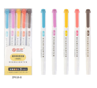 5 spalvų / dėžutė Dvi galvutės paryškinimo rašiklių rinkinys Fluorescenciniai žymekliai Paryškintuvai Rašikliai Meno žymeklis Japoniškos mielos Kawaii raštinės reikmenys