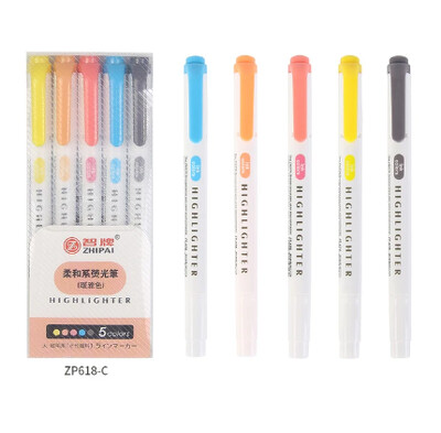 5 spalvų / dėžutė Dvi galvutės paryškinimo rašiklių rinkinys Fluorescenciniai žymekliai Paryškintuvai Rašikliai Meno žymeklis Japoniškos mielos Kawaii raštinės reikmenys