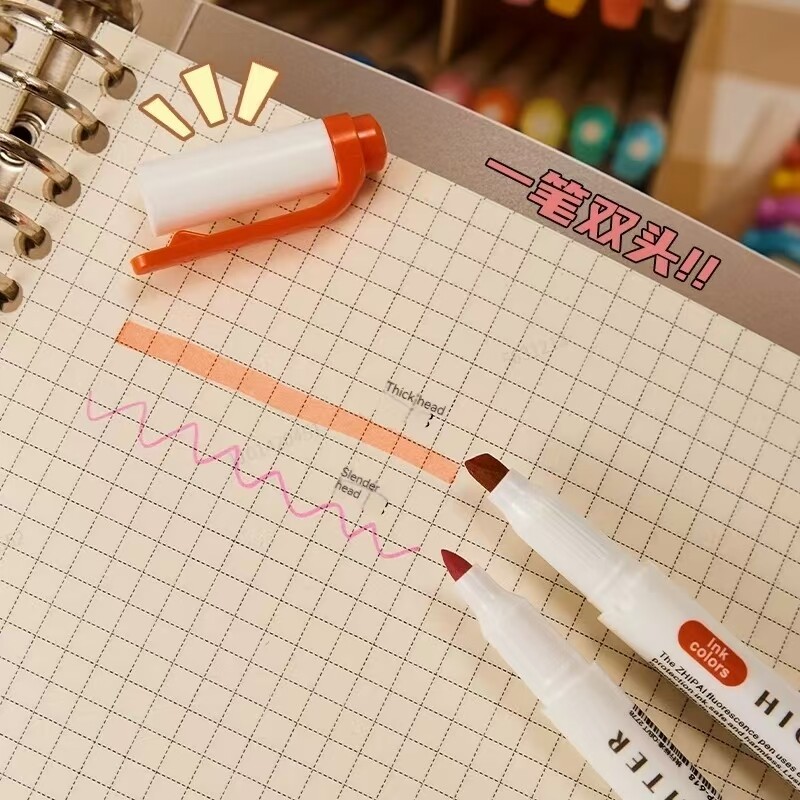 5 spalvų / dėžutė Dvi galvutės paryškinimo rašiklių rinkinys Fluorescenciniai žymekliai Paryškintuvai Rašikliai Meno žymeklis Japoniškos mielos Kawaii raštinės reikmenys