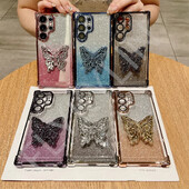 FLYKYLIN Луксозен удароустойчив калъф със скоба с блясък и пеперуда за Samsung Galaxy S25 S24 S23 S21 S20 FE S22 Plus Прозрачен капак