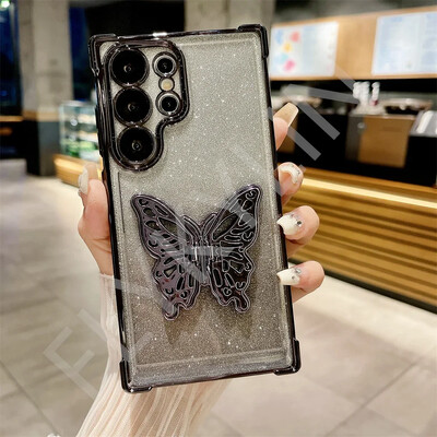 FLYKYLIN Луксозен удароустойчив калъф със скоба с блясък и пеперуда за Samsung Galaxy S25 S24 S23 S21 S20 FE S22 Plus Прозрачен капак