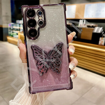 FLYKYLIN Луксозен удароустойчив калъф със скоба с блясък и пеперуда за Samsung Galaxy S25 S24 S23 S21 S20 FE S22 Plus Прозрачен капак