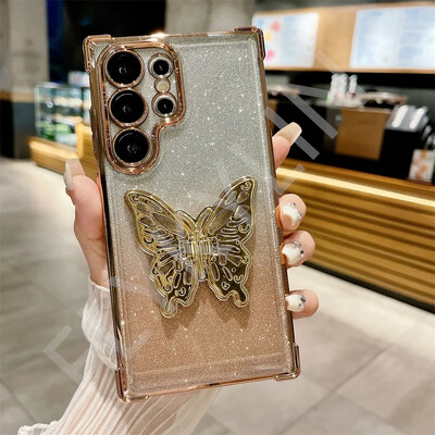 FLYKYLIN Луксозен удароустойчив калъф със скоба с блясък и пеперуда за Samsung Galaxy S25 S24 S23 S21 S20 FE S22 Plus Прозрачен капак