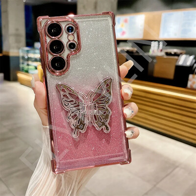 FLYKYLIN Луксозен удароустойчив калъф със скоба с блясък и пеперуда за Samsung Galaxy S25 S24 S23 S21 S20 FE S22 Plus Прозрачен капак