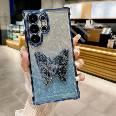 FLYKYLIN Луксозен удароустойчив калъф със скоба с блясък и пеперуда за Samsung Galaxy S25 S24 S23 S21 S20 FE S22 Plus Прозрачен капак