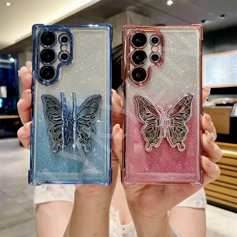 FLYKYLIN Луксозен удароустойчив калъф със скоба с блясък и пеперуда за Samsung Galaxy S25 S24 S23 S21 S20 FE S22 Plus Прозрачен капак