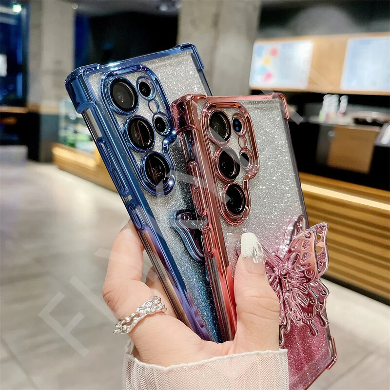 FLYKYLIN Луксозен удароустойчив калъф със скоба с блясък и пеперуда за Samsung Galaxy S25 S24 S23 S21 S20 FE S22 Plus Прозрачен капак