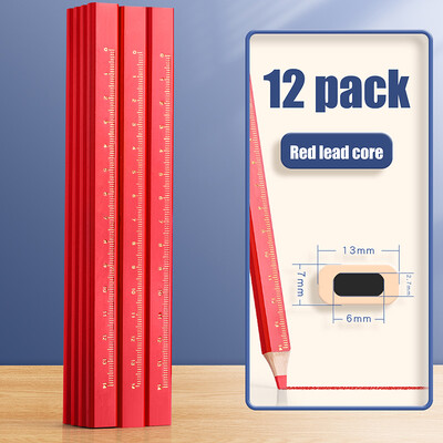 12 бр. Дървообработващи моливи Сайт, посветен на маркиращи работници, посветен на писалка с плоска глава, дърво, черен осмоъгълник, червен квадрат, чертащи линии