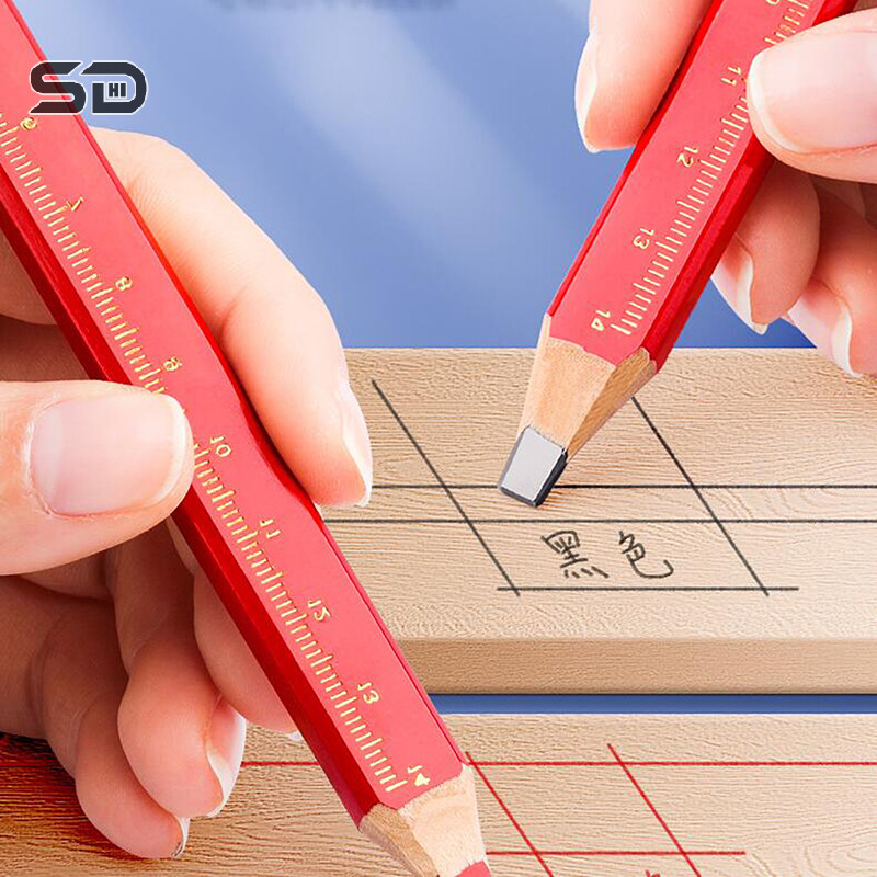 12 бр. Дървообработващи моливи Сайт, посветен на маркиращи работници, посветен на писалка с плоска глава, дърво, черен осмоъгълник, червен квадрат, чертащи линии