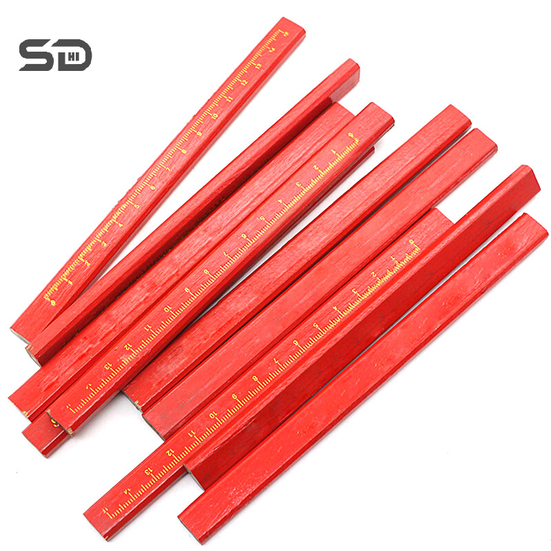 12 бр. Дървообработващи моливи Сайт, посветен на маркиращи работници, посветен на писалка с плоска глава, дърво, черен осмоъгълник, червен квадрат, чертащи линии