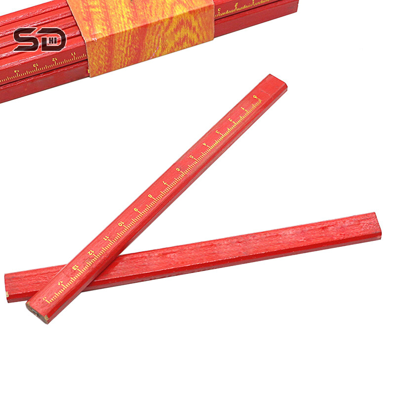 12 бр. Дървообработващи моливи Сайт, посветен на маркиращи работници, посветен на писалка с плоска глава, дърво, черен осмоъгълник, червен квадрат, чертащи линии