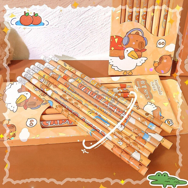 8Pcs/Box Cartoon Cute Capybara Pencil Kawaii HB Sketch Drawing Items Студентски канцеларски материали Училищни офис консумативи Детски подаръци