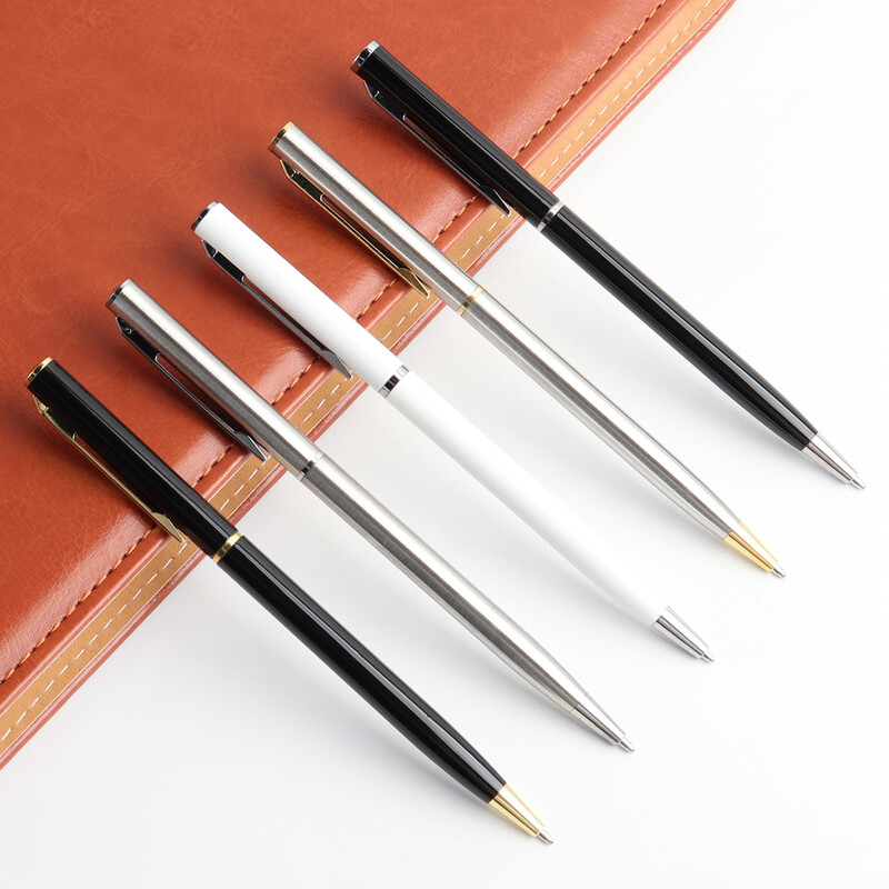 2 бр. Метална химикалка за училищен офис Материал от неръждаема стомана Въртящи се канцеларски материали Черно синьо мастило Химикалка Химикалки