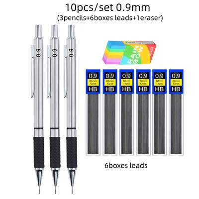 Metalna automatska olovka 0,5/0,7/0,9 mm ivice, protuklizni mekani set, ručka za držanje, aktivna olovka, mehaničko crtanje, pribor za skiciranje