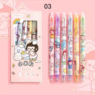 6PCS/KUTIJA Astronaut breskva crtani stil Izbrisiva gel olovka Student Friction Lako utrljavanje Kemijska olovka s crnom/plavom tintom od 0,5 mm