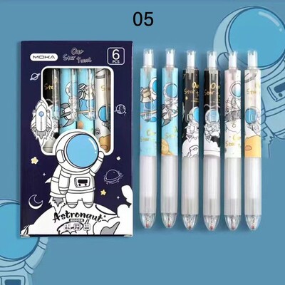 6PCS/KUTIJA Astronaut breskva crtani stil Izbrisiva gel olovka Student Friction Lako utrljavanje Kemijska olovka s crnom/plavom tintom od 0,5 mm
