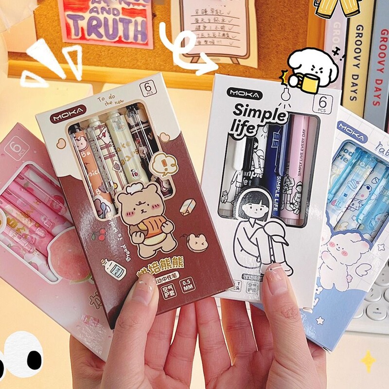 6PCS/KUTIJA Astronaut breskva crtani stil Izbrisiva gel olovka Student Friction Lako utrljavanje Kemijska olovka s crnom/plavom tintom od 0,5 mm