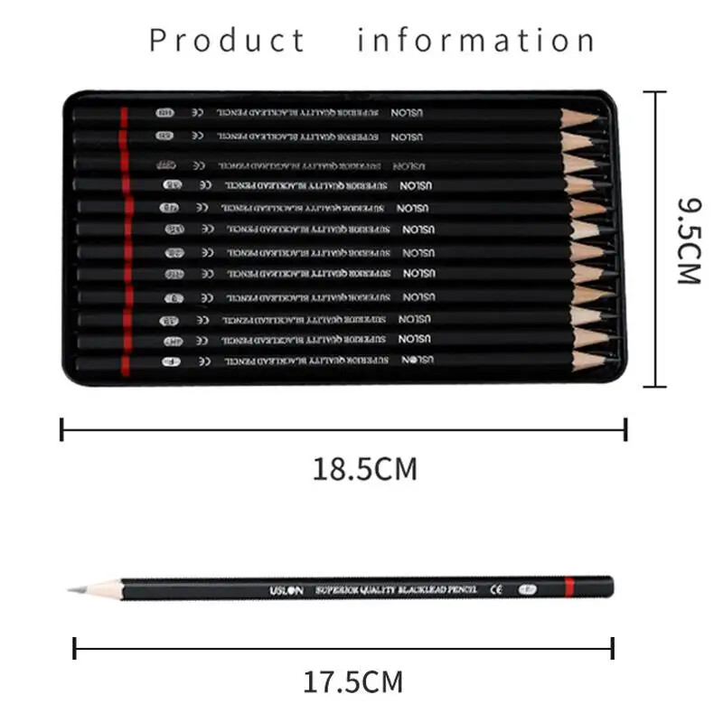Set de creioane 12 buc 2H-8B Schiță Desen Cărbune Carbon Pen Lemn Creioane pentru pictură Materiale de papetărie Cutie de fier