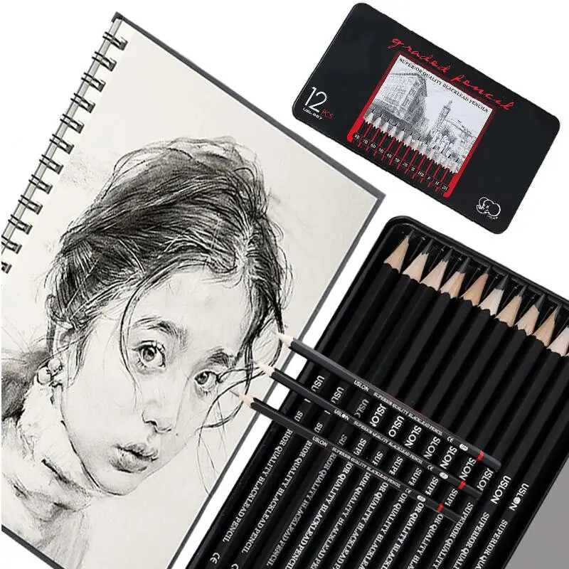 Set de creioane 12 buc 2H-8B Schiță Desen Cărbune Carbon Pen Lemn Creioane pentru pictură Materiale de papetărie Cutie de fier