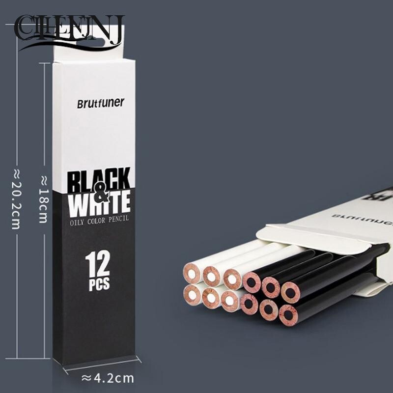 12 vnt., balti ir juodi spalvoti pieštukai, profesionalūs aliejiniai pieštukai, piešimo pieštukų rinkinys eskizų mokyklos mokinių meno reikmenys