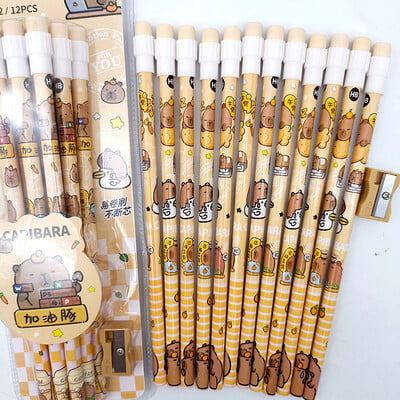 1 paket Cartoon Capybara HB Pencils 12 Pencils & 1 Pencil Roller Set Box Set, Student Pisanje Crtanje HB Pencils Sketch Pencils