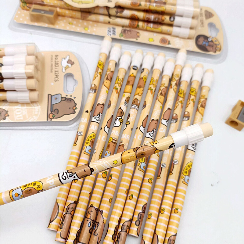 1 пакет анимационни моливи Capybara HB, 12 молива и 1 комплект канцеларски ролкови моливи, студентски писане, рисуване, HB моливи, химикалки за скици