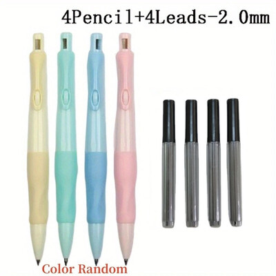 Комплект механични моливи с удобен захват 0,5/0,7/0,9/2,0 мм поводи 2B Молив за писане на изкуство Офис консумативи Канцеларски материали (4 молива + 4 повода)