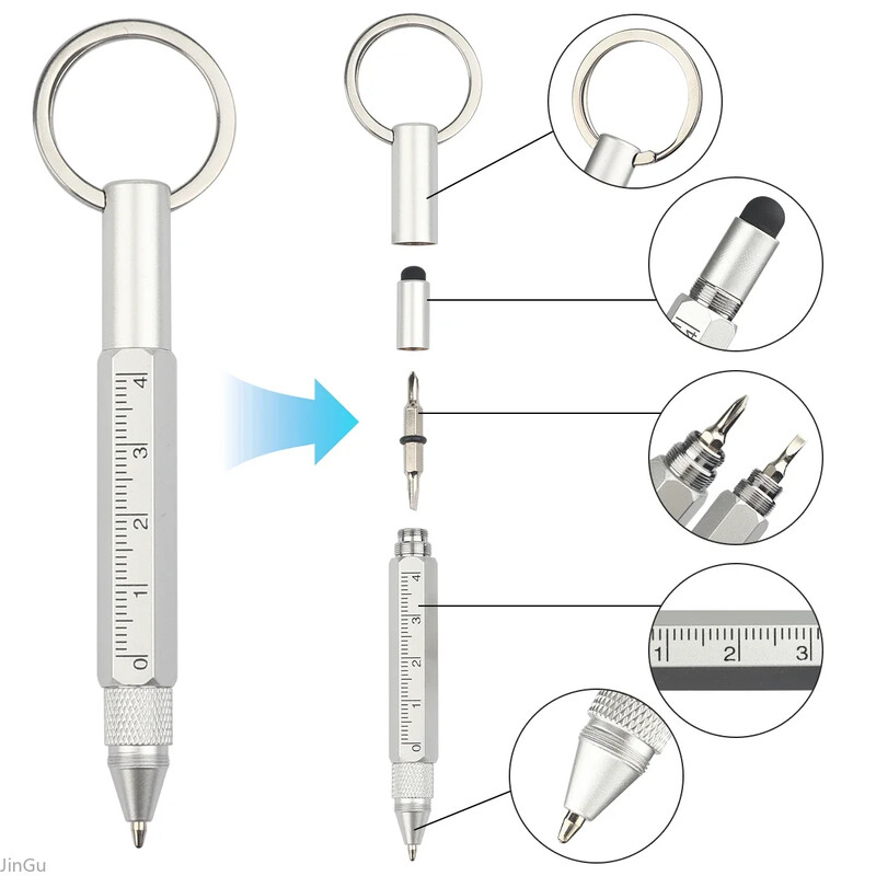 Mini višenamjenska kemijska olovka Stylus od legure s odvijačem Alat za zaslon osjetljiv na dodir Privjesak za ključeve 6-u-1 prijenosne mjerne olovke