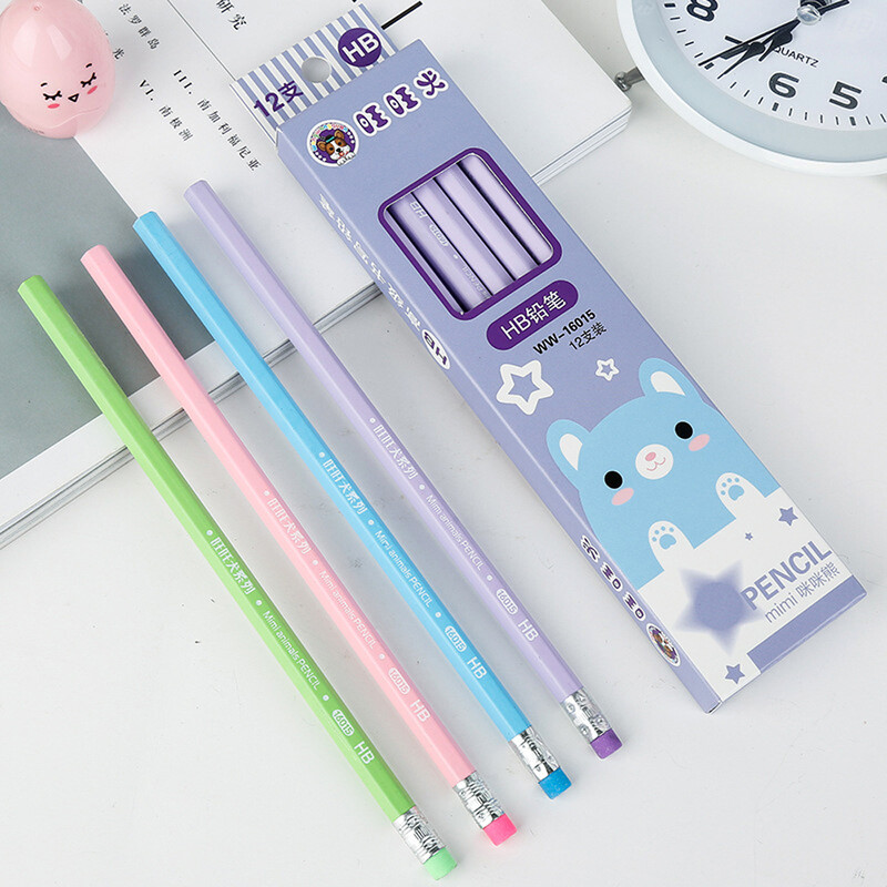 12 бр. / Партида Дървен молив HB Молив с гумичка Детски молив за рисуване Училищни канцеларски материали