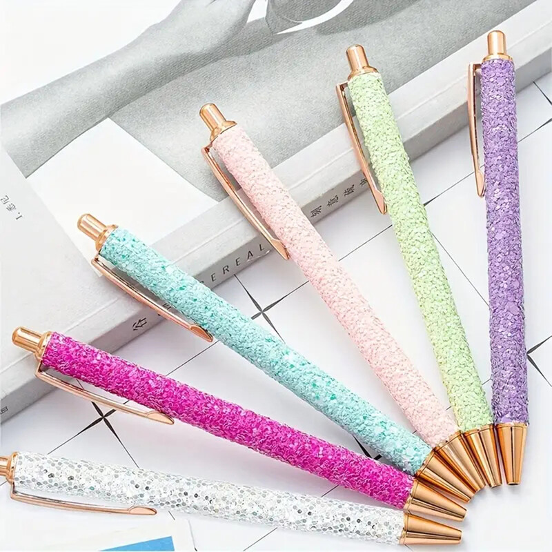 6 пакета сладки химикалки за водене на дневник, подарък Доста изискани химикалки Блестящи химикалки с прибиращо се черно мастило за писане със средна точка