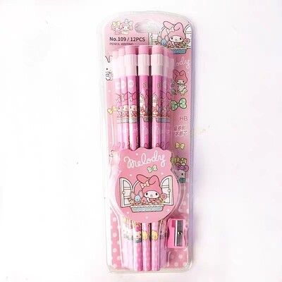 12 бр. Комплект моливи Sanrio Kuromi Hb с гума и острилка за моливи Ученически моливи за писане и рисуване Канцеларски материали Ученически пособия