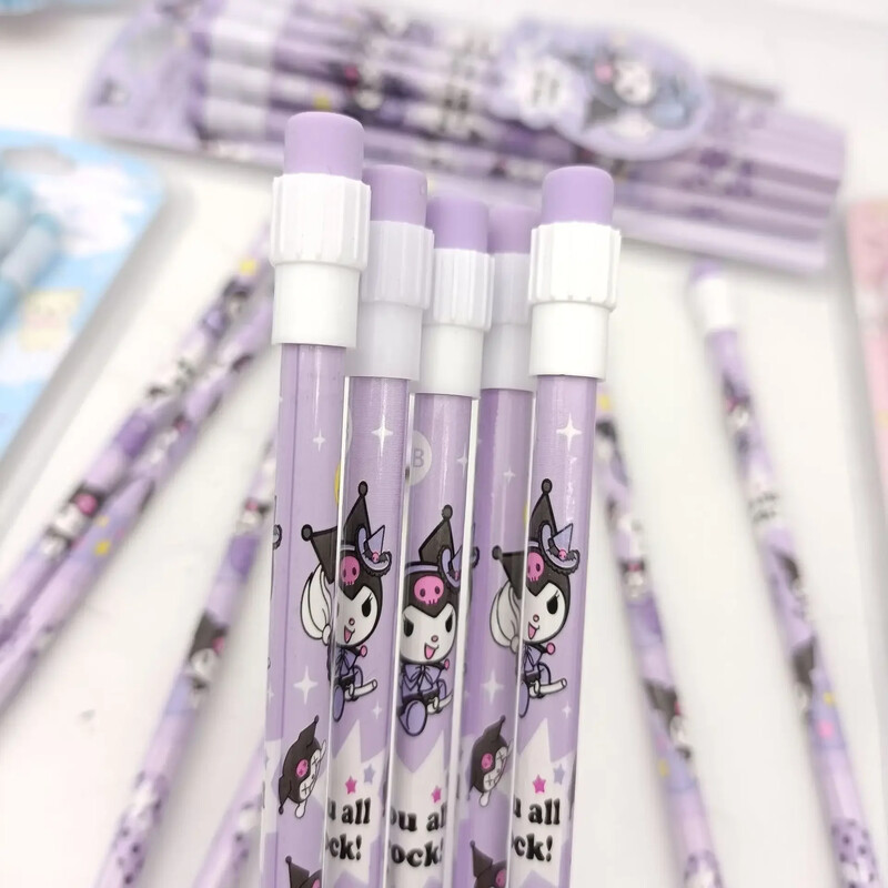 12 бр. Комплект моливи Sanrio Kuromi Hb с гума и острилка за моливи Ученически моливи за писане и рисуване Канцеларски материали Ученически пособия