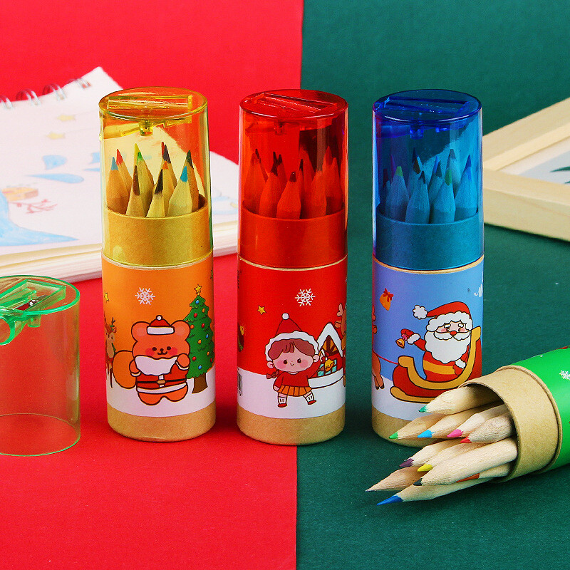 12 Colors Barrel Cartoon Colored Pencils Set Osnovnoškolski božićni dar